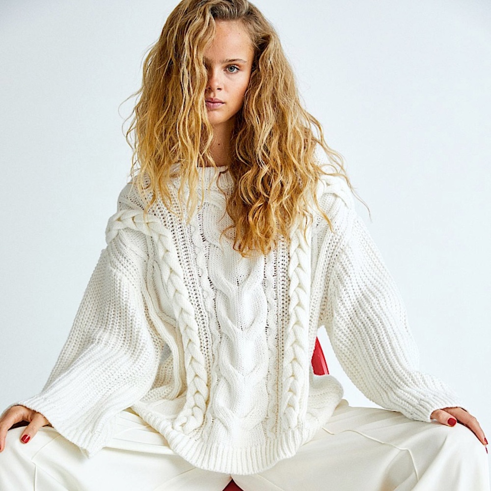 NWT H&M White Cable Knit Braided Sweater OVERSIZED